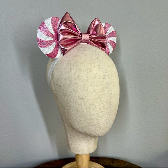 Festive Holiday Pink Candy Cane Sugar Plum Fairy Mouse Ears - Elastic Headband - Picture 3 of 7